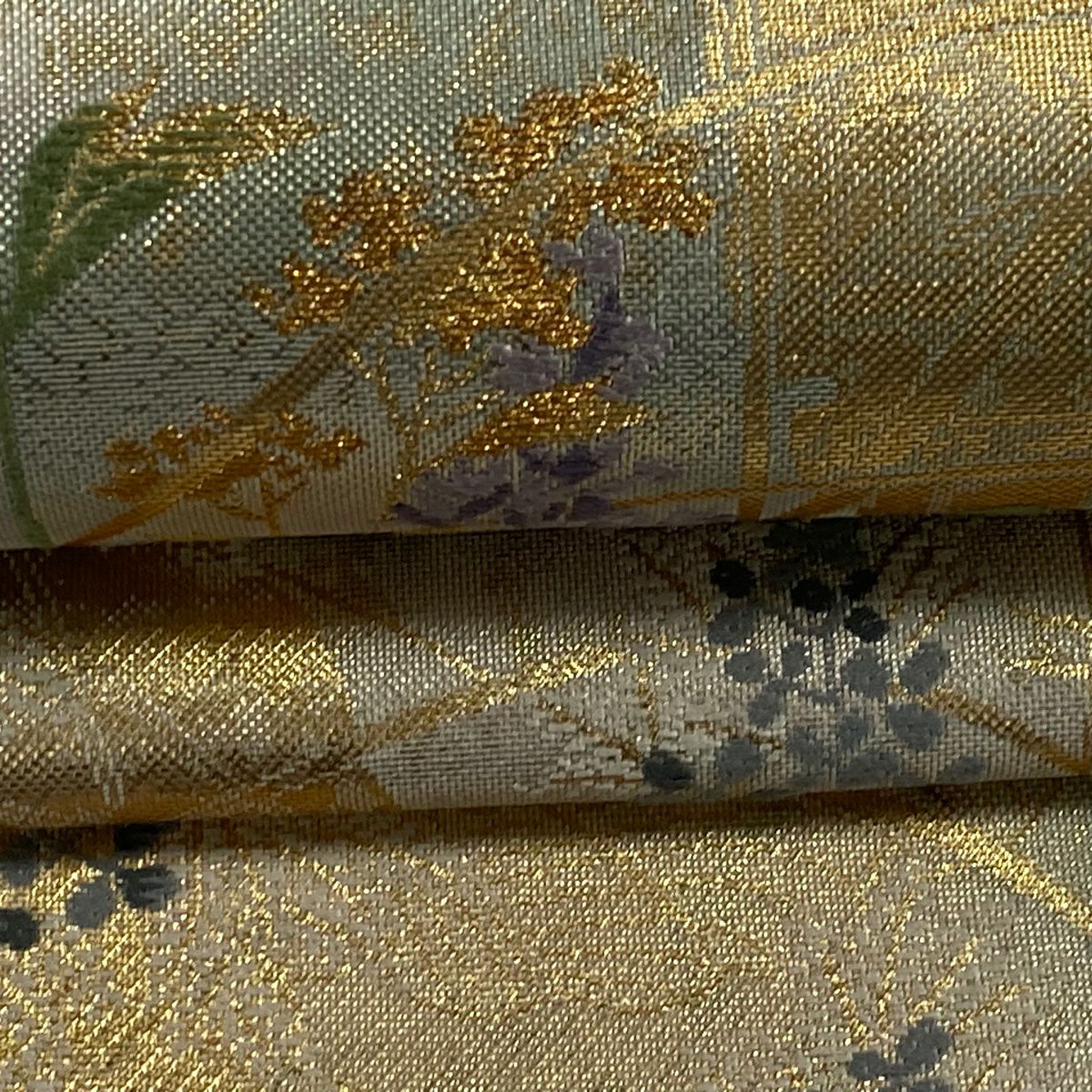 袋帶 秀品級 草花紋紋 波紋 金絲 金金箔 金色 六通 純蠶絲