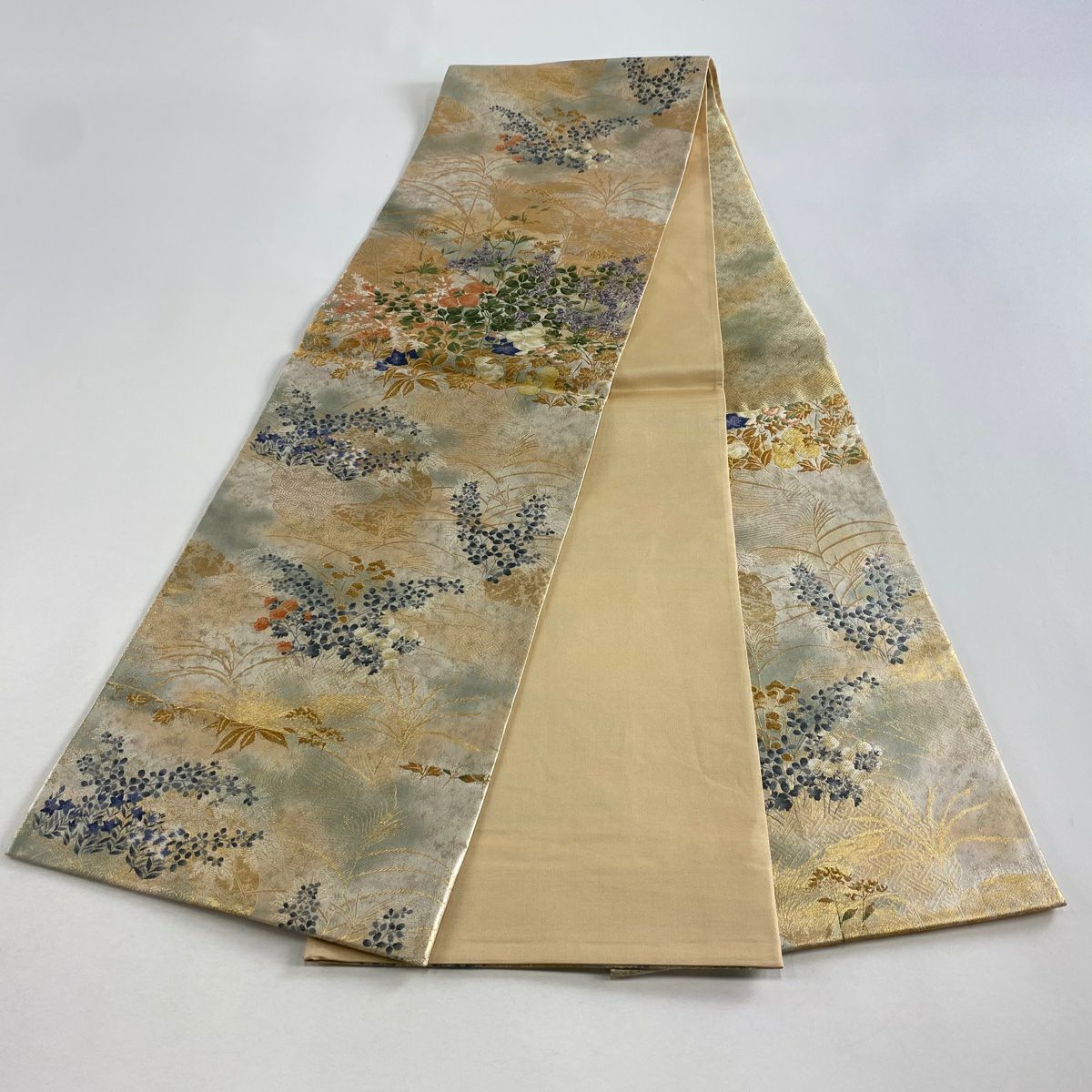 袋帶 秀品級 草花紋紋 波紋 金絲 金金箔 金色 六通 純蠶絲