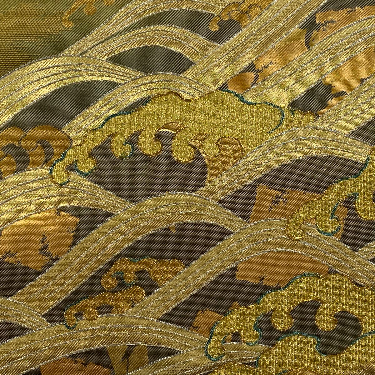 【美品】 袋帶 秀品級 鈴乃屋 波頭 金金箔散佈 金銀絲 金色 六通 純蠶絲
