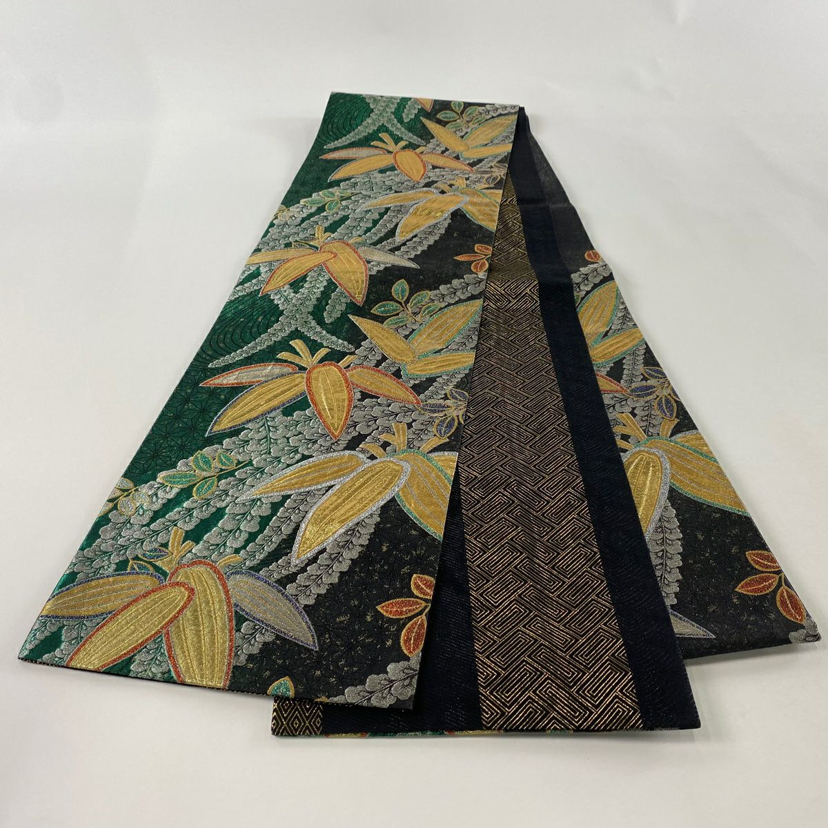 袋帶 秀品級 笹 藤 金銀彩 金金箔 綠 六通 純蠶絲