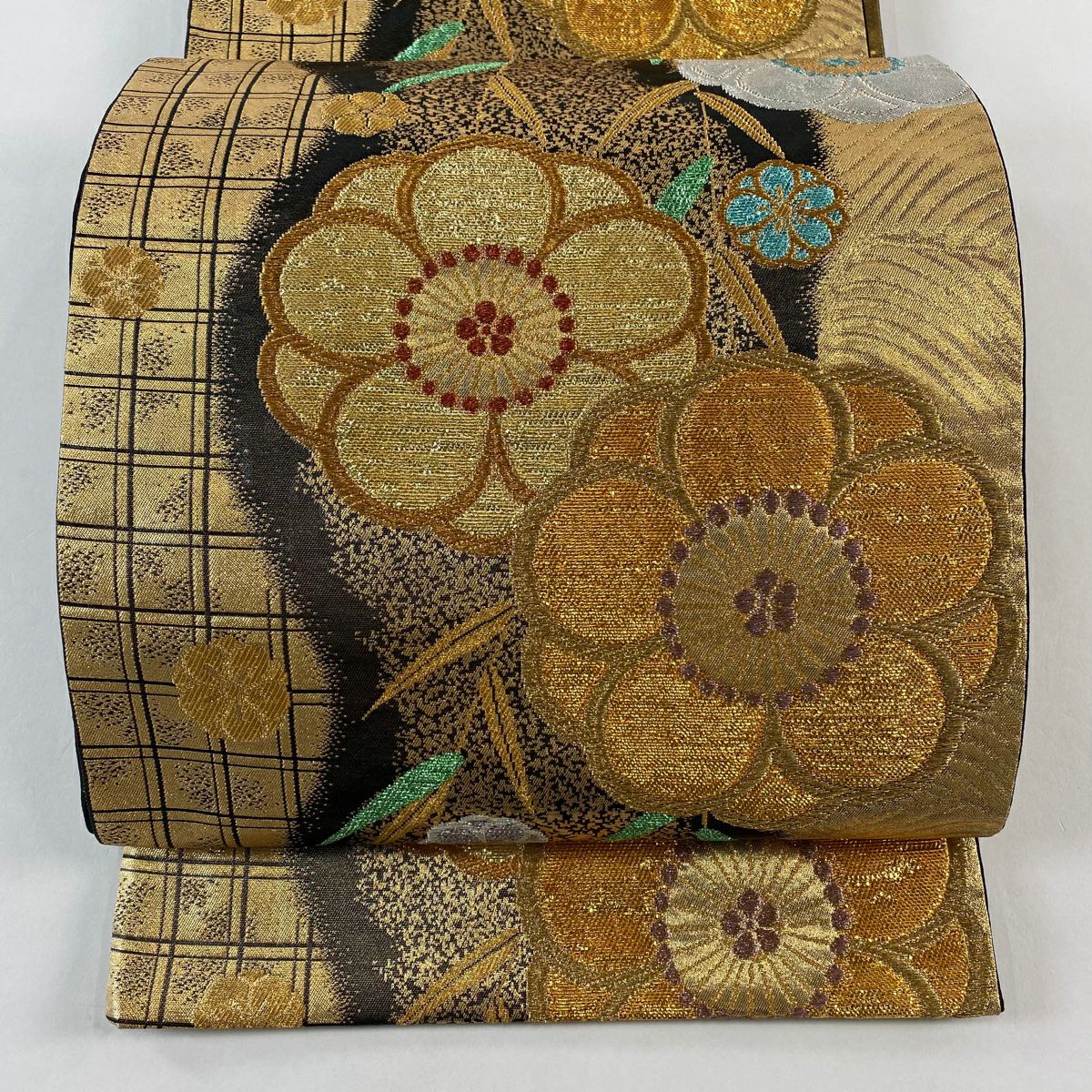 【美品】 袋帶 秀品級 梅花 波 金銀糸 金金箔 金色 六通 純蠶絲