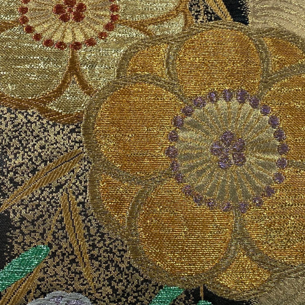 【美品】 袋帶 秀品級 梅花 波 金銀糸 金金箔 金色 六通 純蠶絲