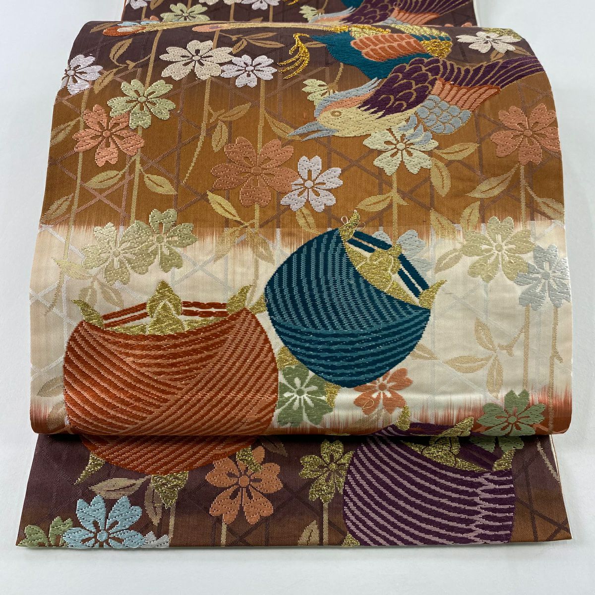 袋帶 秀品級 花鳥 糸卷刺繡 金絲 茶 六通 純蠶絲