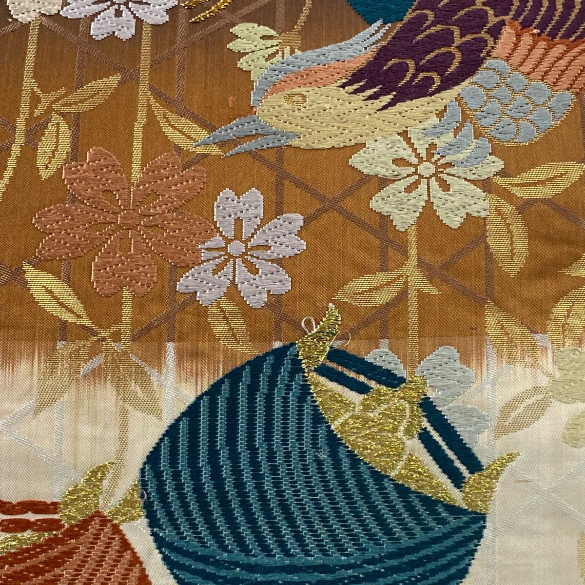 袋帶 秀品級 花鳥 糸卷刺繡 金絲 茶 六通 純蠶絲