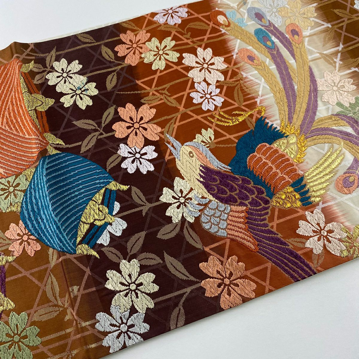 袋帶 秀品級 花鳥 糸卷刺繡 金絲 茶 六通 純蠶絲