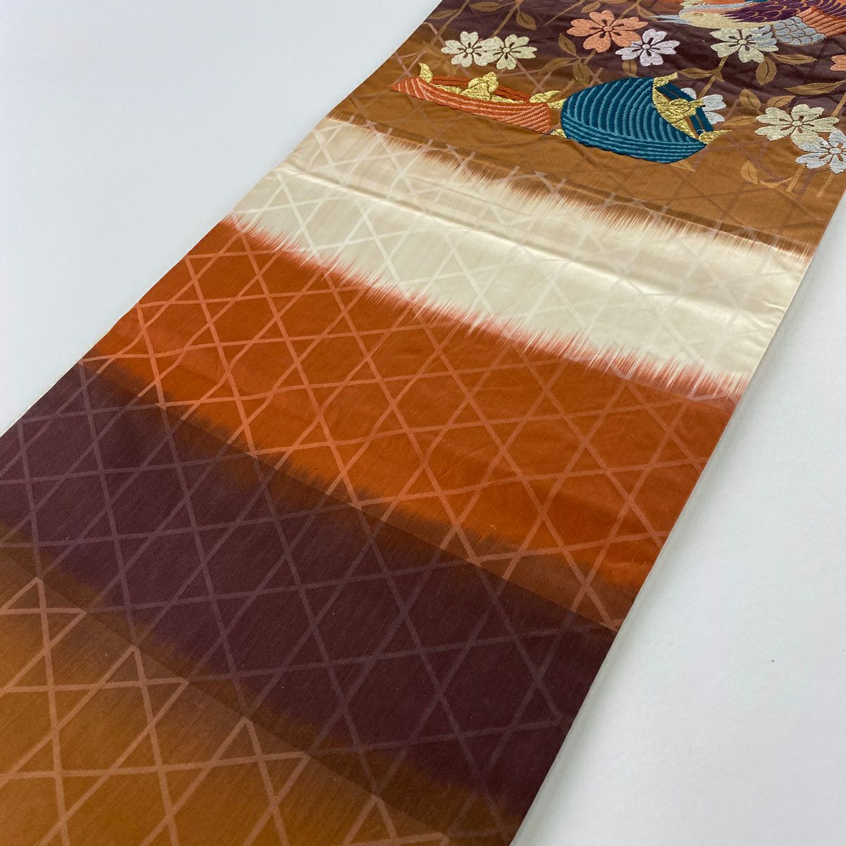袋帶 秀品級 花鳥 糸卷刺繡 金絲 茶 六通 純蠶絲