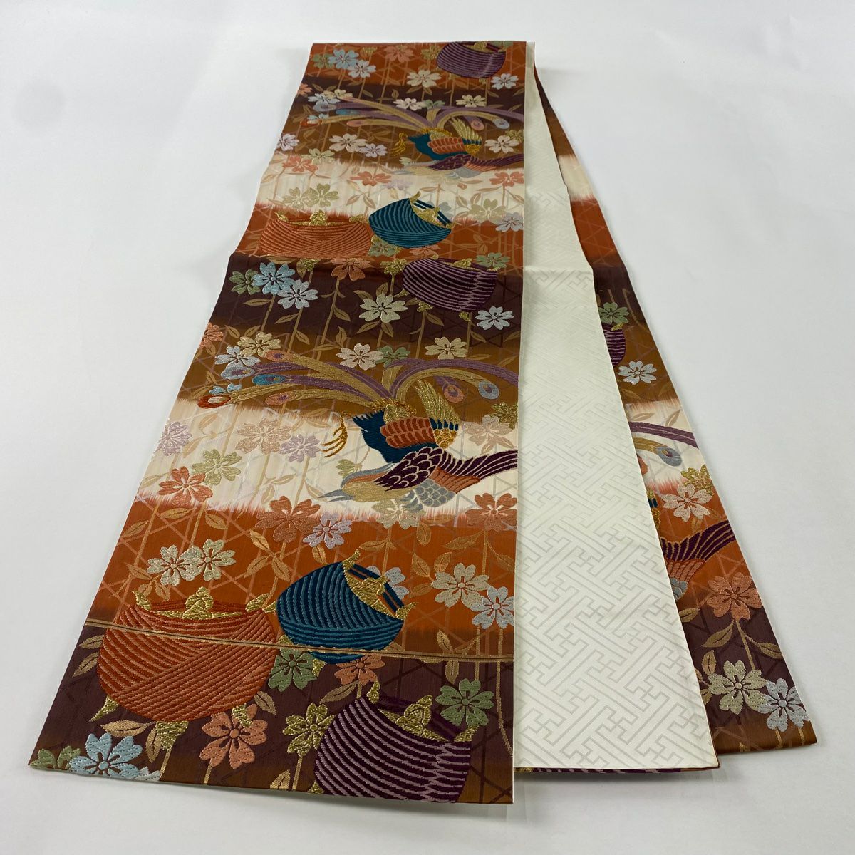 袋帶 秀品級 花鳥 糸卷刺繡 金絲 茶 六通 純蠶絲