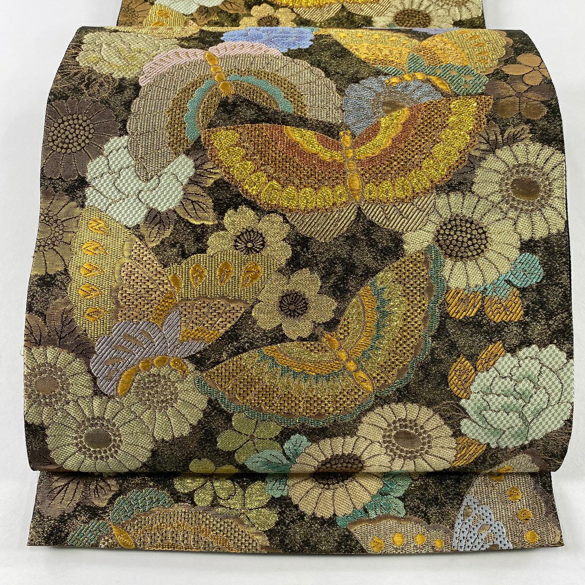 【美品】 袋帶 秀品級 蝶 草花紋 金絲 金金箔 金色 六通 純蠶絲