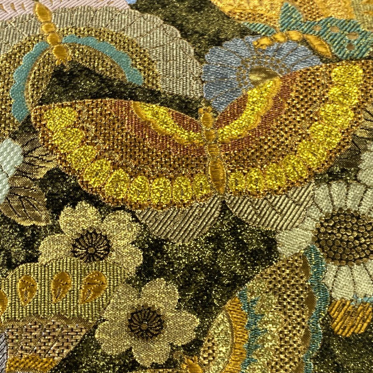 【美品】 袋帶 秀品級 蝶 草花紋 金絲 金金箔 金色 六通 純蠶絲