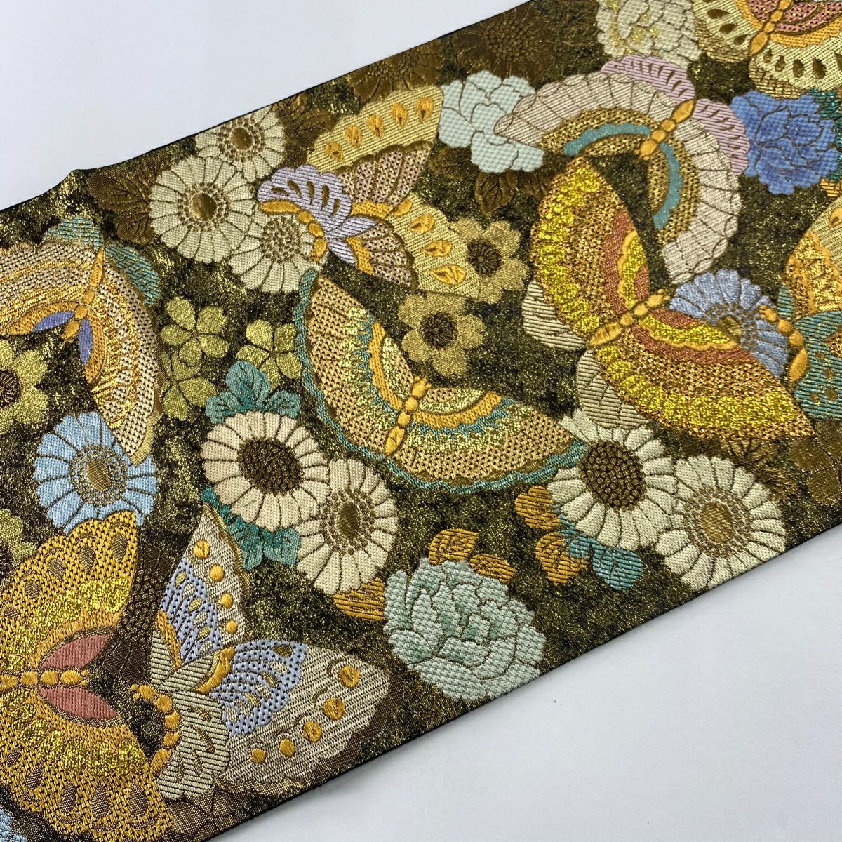 【美品】 袋帶 秀品級 蝶 草花紋 金絲 金金箔 金色 六通 純蠶絲