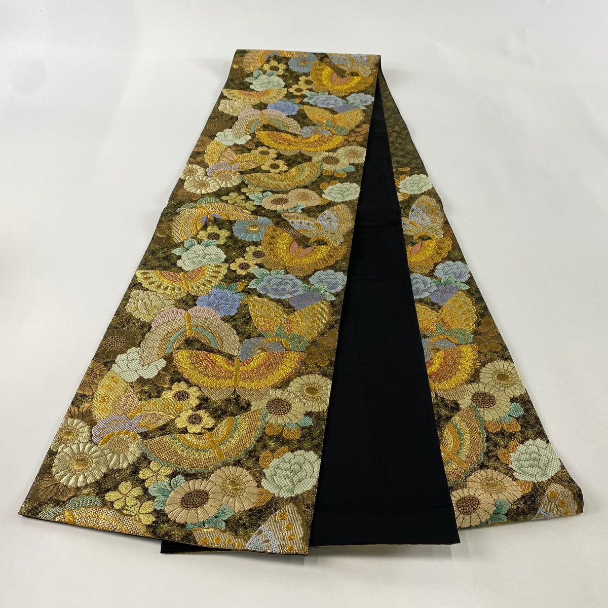【美品】 袋帶 秀品級 蝶 草花紋 金絲 金金箔 金色 六通 純蠶絲