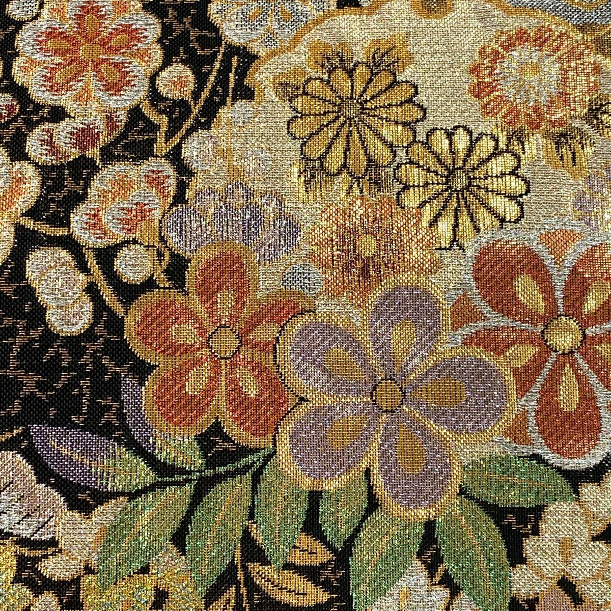 【美品】 袋帶 秀品級 沙織錦 櫻花 枝梅花 金銀絲 金金箔 黑 六通 純蠶絲