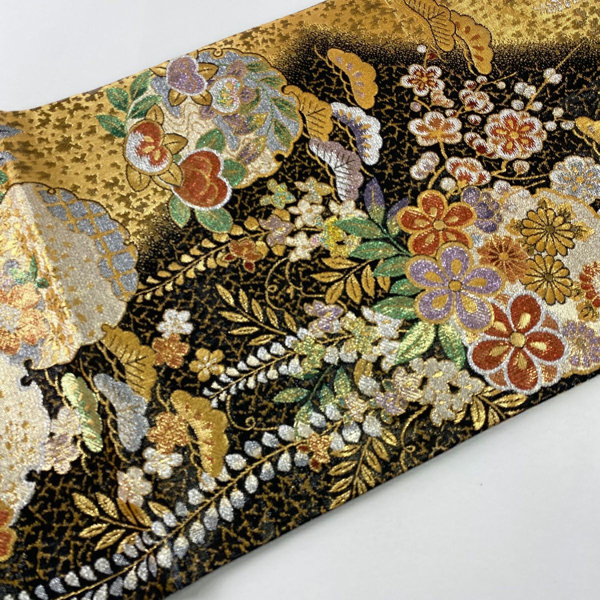 【美品】 袋帶 秀品級 沙織錦 櫻花 枝梅花 金銀絲 金金箔 黑 六通 純蠶絲
