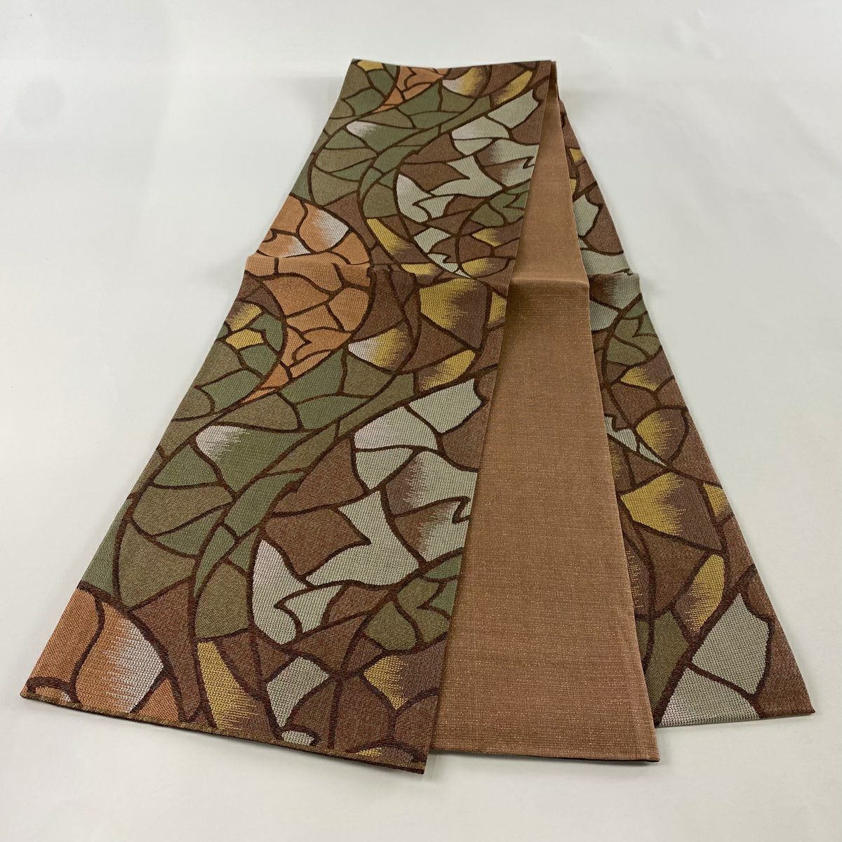 【美品】 袋帶 秀品級 幾何圖案 金通 灰綠 全通 純蠶絲