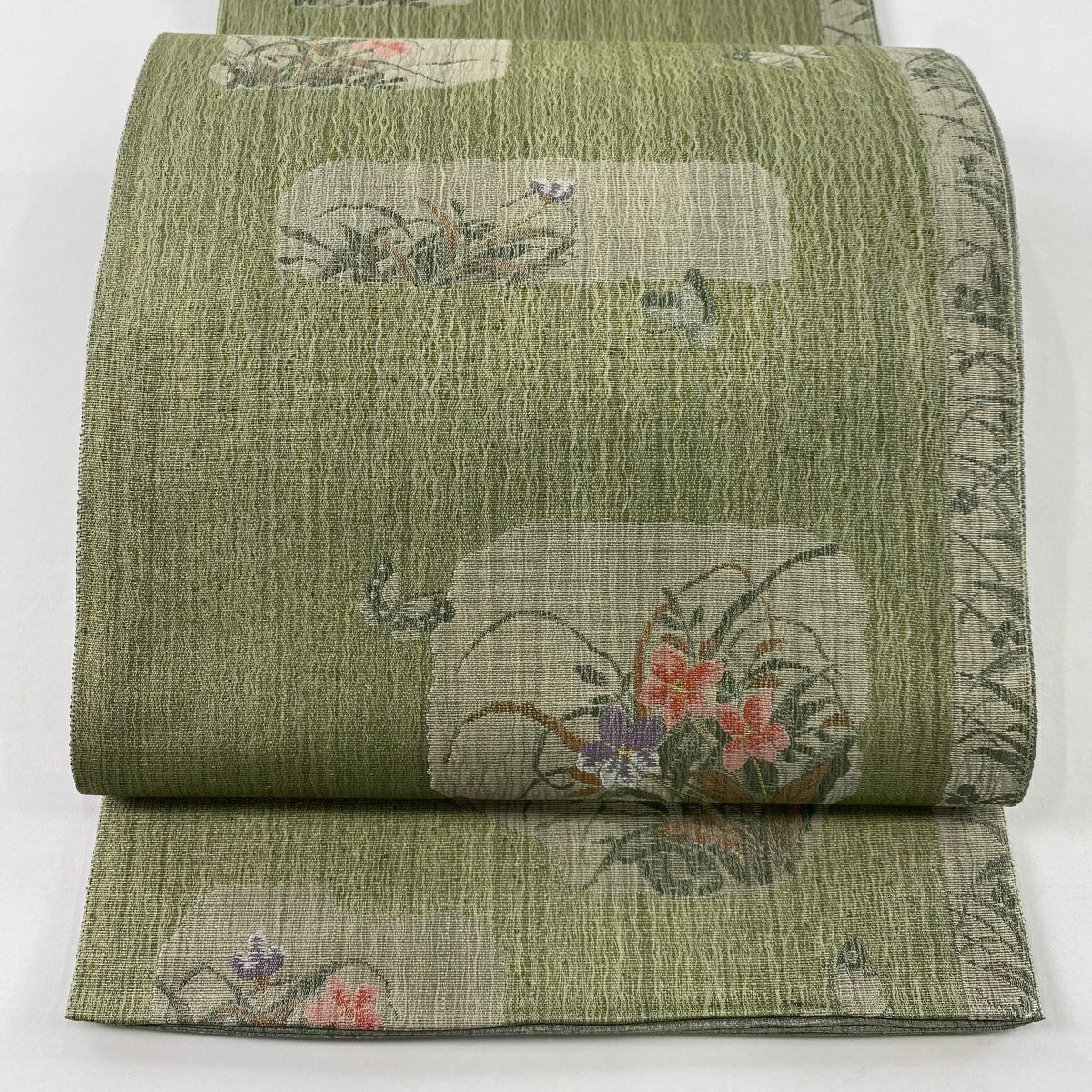 【美品】 袋帶 秀品級 草花紋紋 蝶 金絲 灰綠 六通 純蠶絲