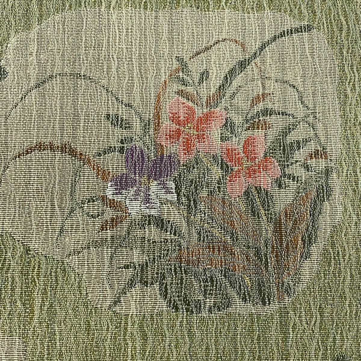 【美品】 袋帶 秀品級 草花紋紋 蝶 金絲 灰綠 六通 純蠶絲