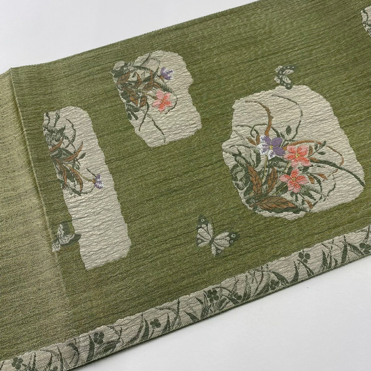 【美品】 袋帶 秀品級 草花紋紋 蝶 金絲 灰綠 六通 純蠶絲