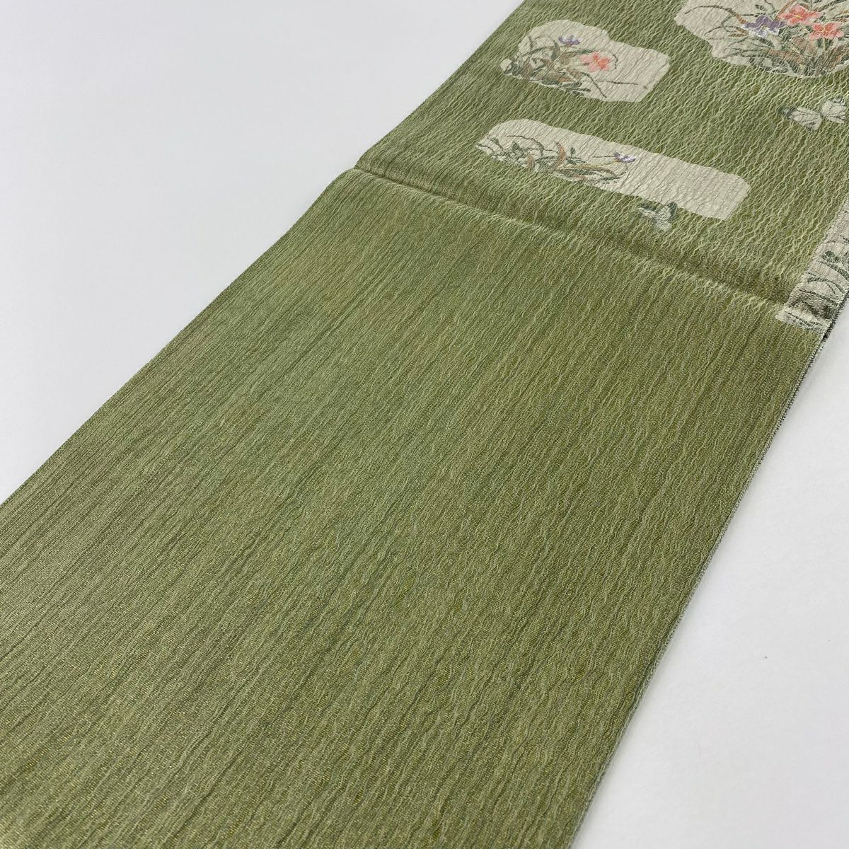 【美品】 袋帶 秀品級 草花紋紋 蝶 金絲 灰綠 六通 純蠶絲