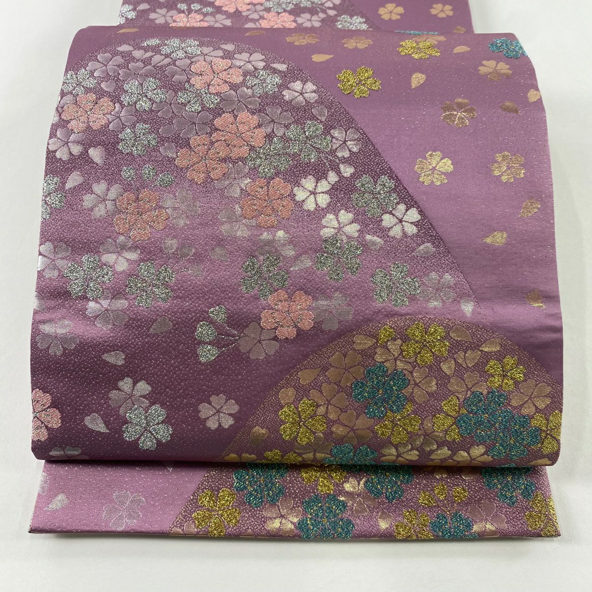 【美品】 袋帶 秀品級 山櫻 金金箔 紫 六通 純蠶絲