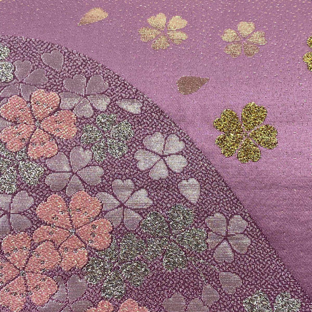 【美品】 袋帶 秀品級 山櫻 金金箔 紫 六通 純蠶絲