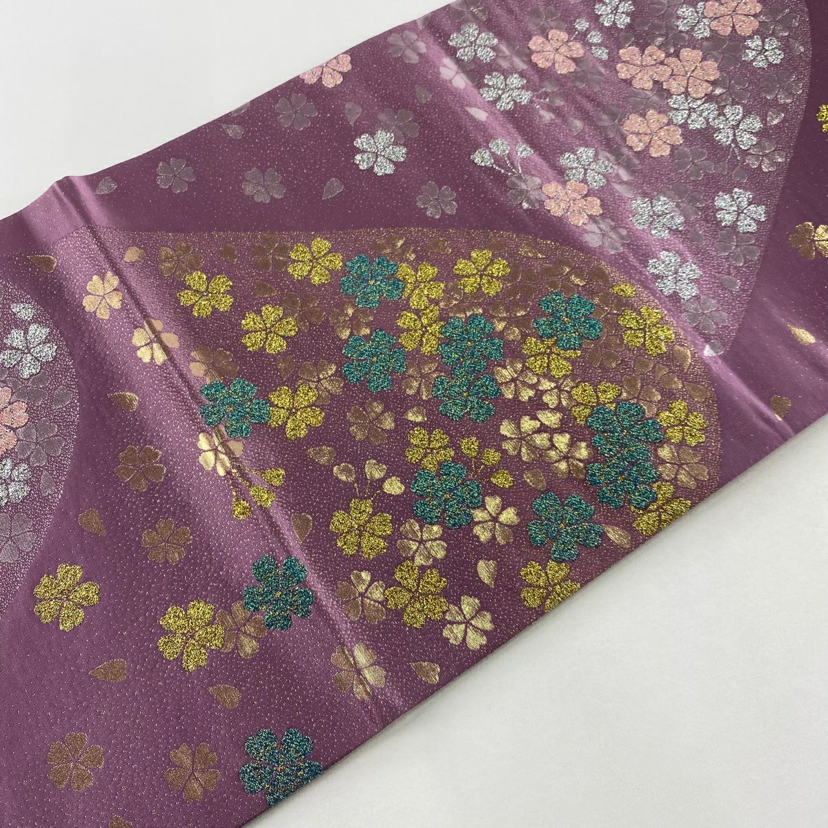 【美品】 袋帶 秀品級 山櫻 金金箔 紫 六通 純蠶絲
