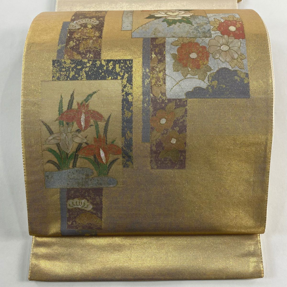 【美品】 袋帶 秀品級 色紙 草花紋 螺鈿金金箔 金銀彩 お太鼓圖案 純蠶絲