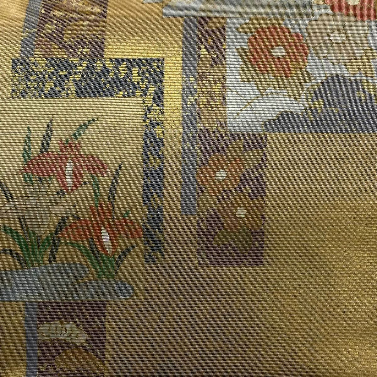 【美品】 袋帶 秀品級 色紙 草花紋 螺鈿金金箔 金銀彩 お太鼓圖案 純蠶絲