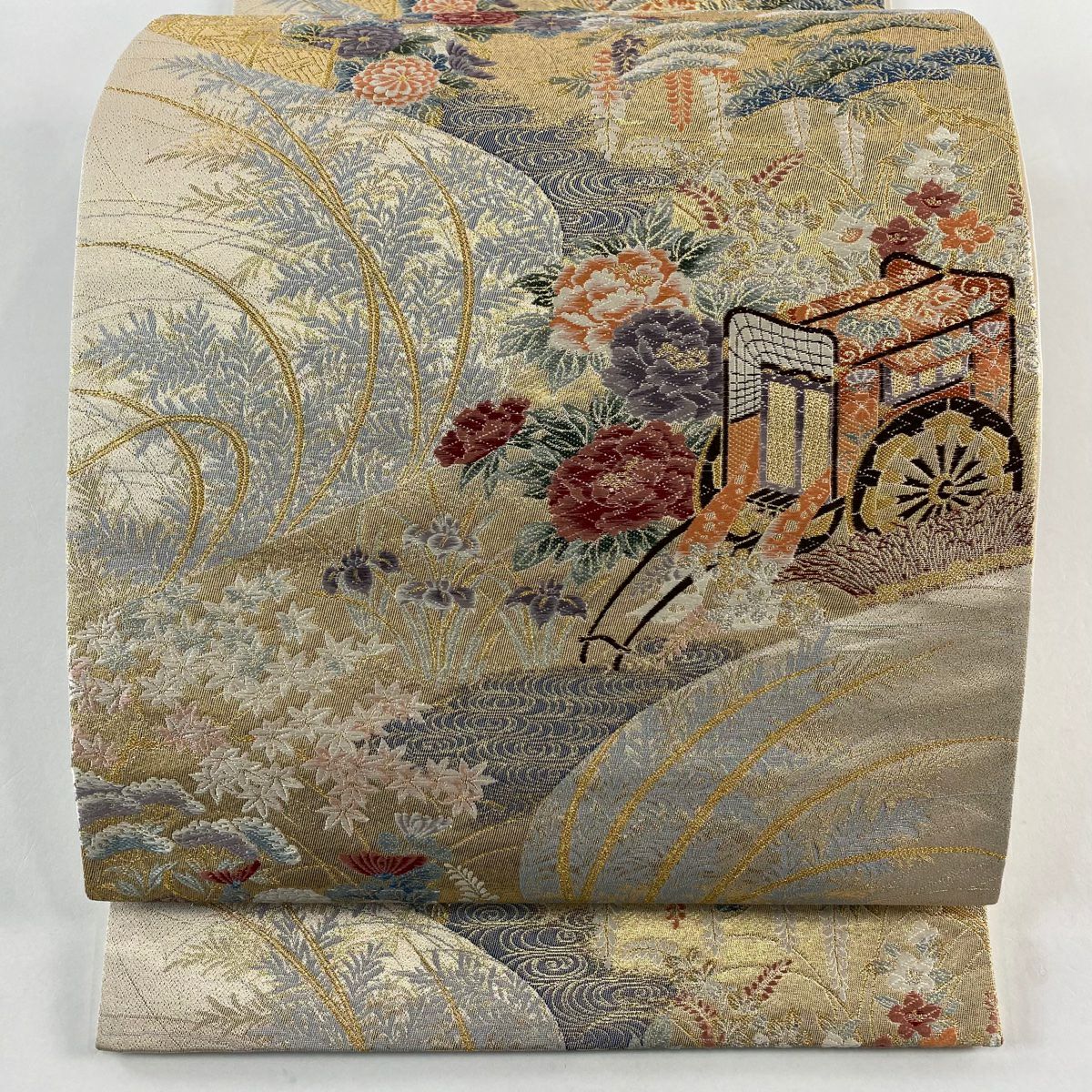 【美品】 袋帶 秀品級 流水取御所解 草花紋刺繡 金銀線 金色 六通 純蠶絲