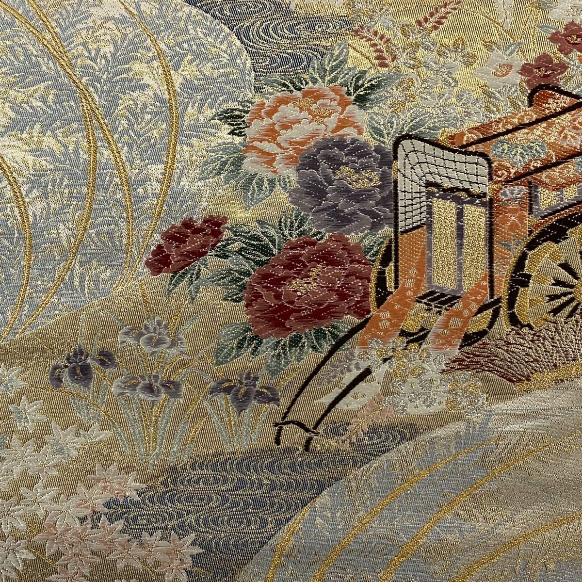 【美品】 袋帶 秀品級 流水取御所解 草花紋刺繡 金銀線 金色 六通 純蠶絲