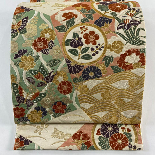 袋帶 秀品級 草花紋紋 蝶刺繡 金絲 淺綠 六通 純蠶絲