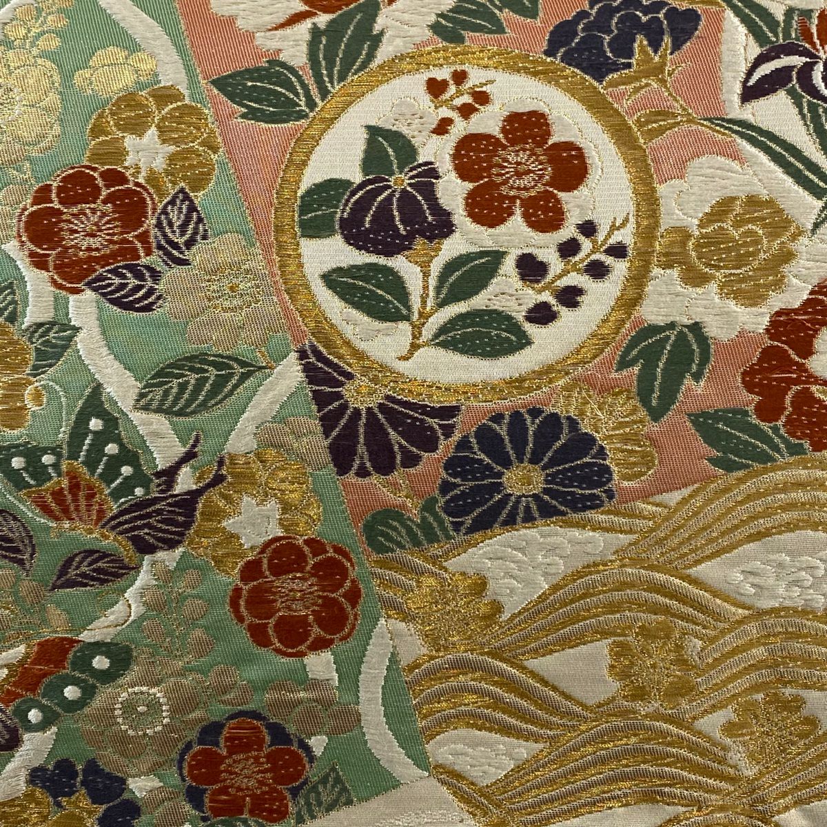 袋帶 秀品級 草花紋紋 蝶刺繡 金絲 淺綠 六通 純蠶絲