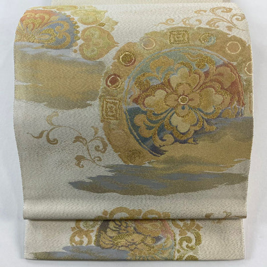 袋帶 秀品級 華紋 霞 金銀絲 金金箔 米色 大鼓圖案 純蠶絲