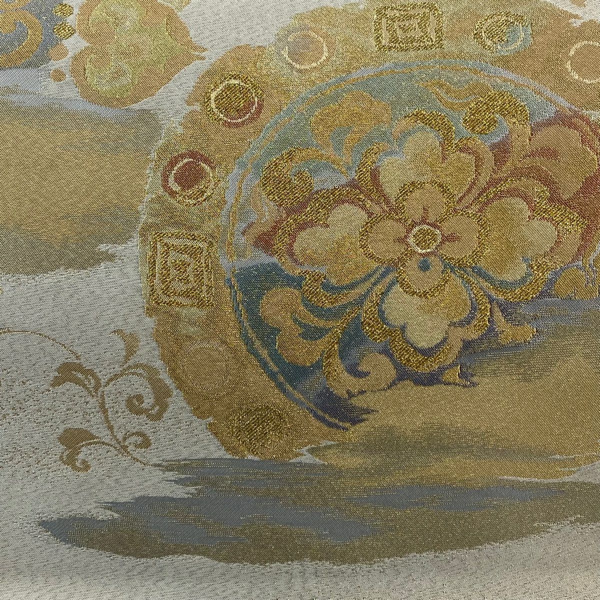 袋帶 秀品級 華紋 霞 金銀絲 金金箔 米色 大鼓圖案 純蠶絲