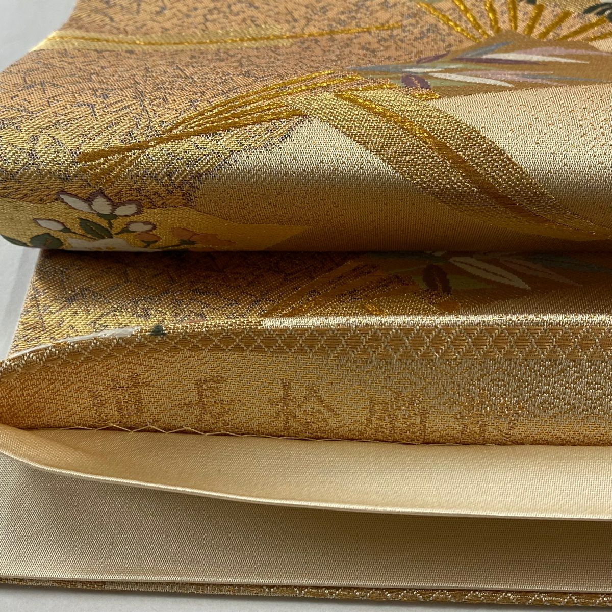 【美品】 袋帶 秀品級 道長檜扇子散 草花紋刺繡 金絲 金 六通 純蠶絲