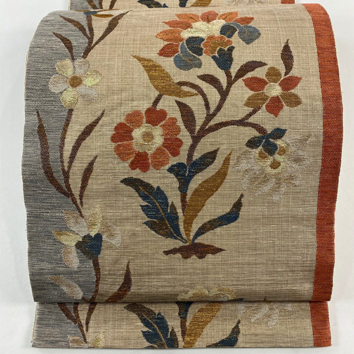 【美品】 袋帶 秀品級 落款 草花紋紋 金金箔 灰茶 六通 純蠶絲