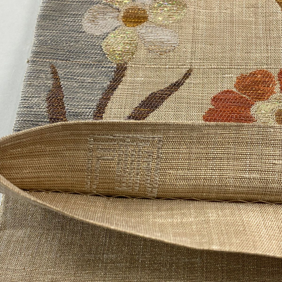 【美品】 袋帶 秀品級 落款 草花紋紋 金金箔 灰茶 六通 純蠶絲