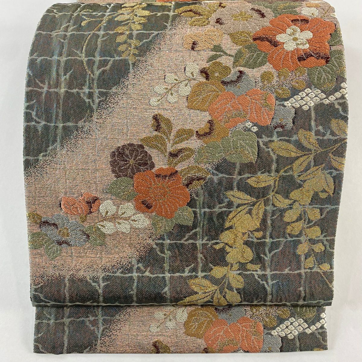 【美品】 袋帶 秀品級 草花紋 格子 金絲 金金箔 鶯色 六通 純蠶絲