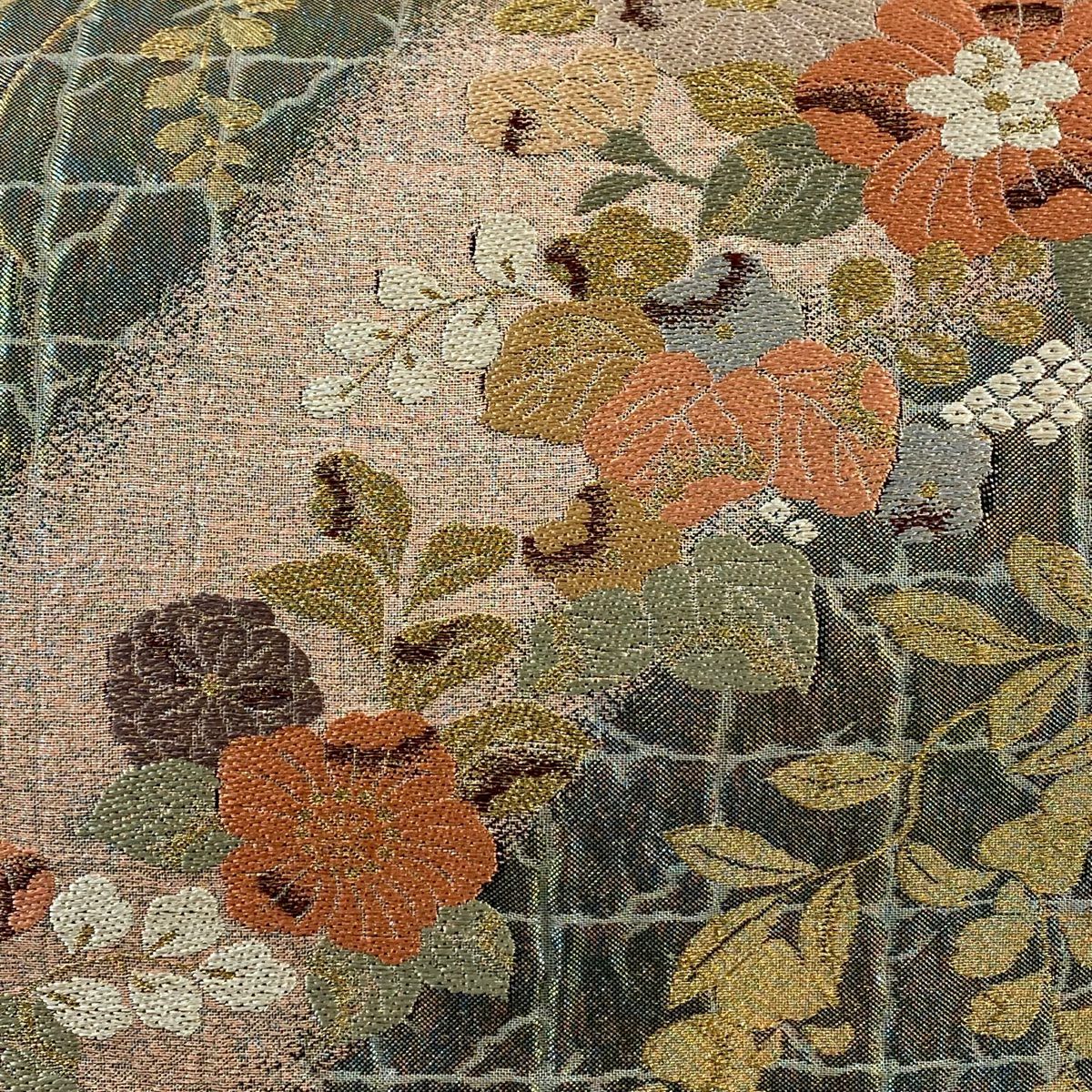 【美品】 袋帶 秀品級 草花紋 格子 金絲 金金箔 鶯色 六通 純蠶絲