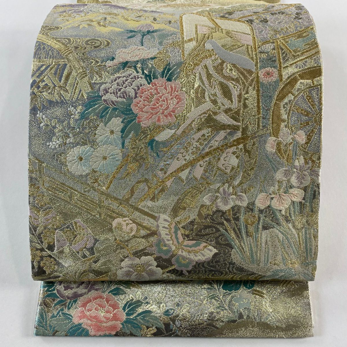 【美品】 袋帶 秀品級 御所車草花紋紋 金銀線 金金箔 金色 大鼓圖案 純蠶絲