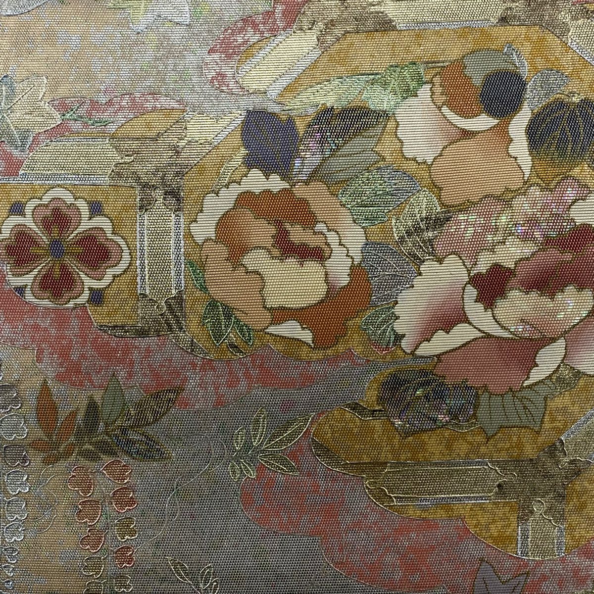 袋帶 秀品級 有落款 雲紋 花圓紋 金銀彩 金金箔 淺橙色 大鼓圖案 純蠶絲