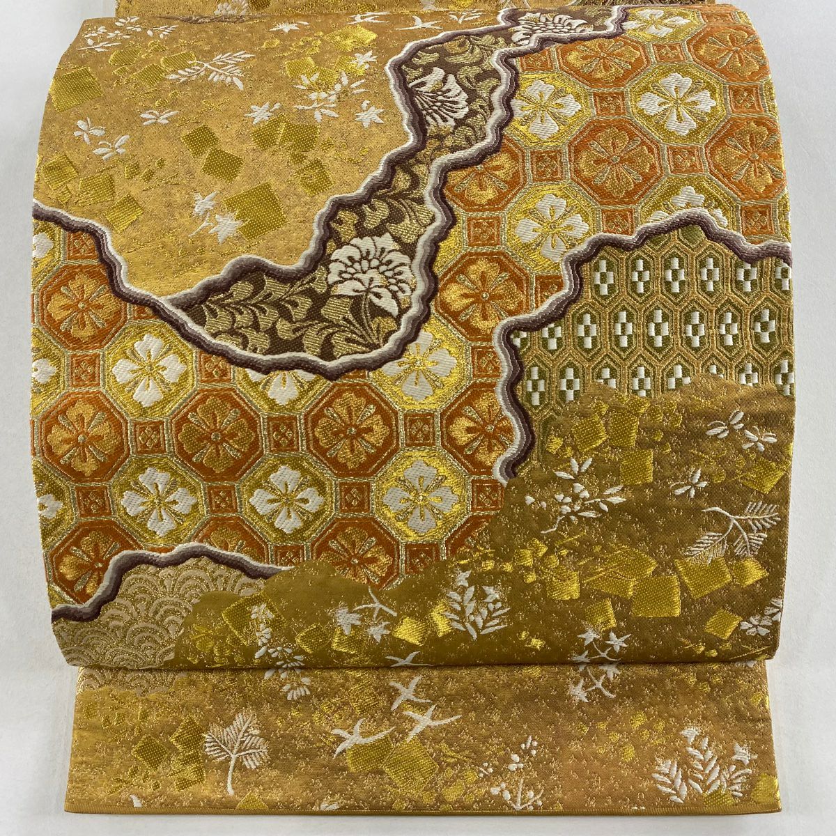 袋帶 秀品級 關西仕立 紅江華紋 金金箔散佈 金絲 金色 六通 純蠶絲
