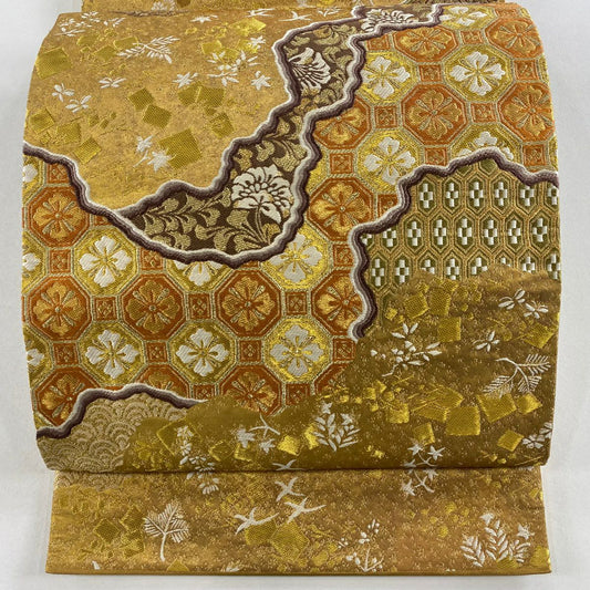 袋帶 秀品級 關西仕立 紅江華紋 金金箔散佈 金絲 金色 六通 純蠶絲