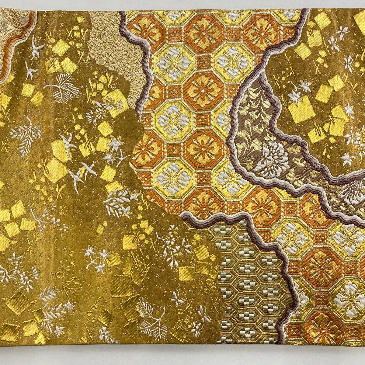 袋帶 秀品級 關西仕立 紅江華紋 金金箔散佈 金絲 金色 六通 純蠶絲