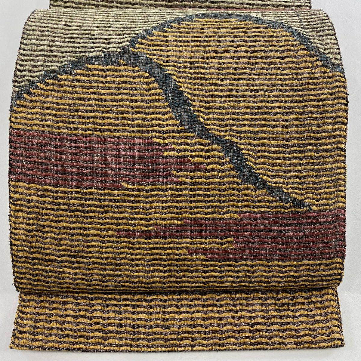 【美品】名古屋帶 秀品級 夏帶 八寸名古屋帶 山並 霞 金絲 山吹茶 純蠶絲