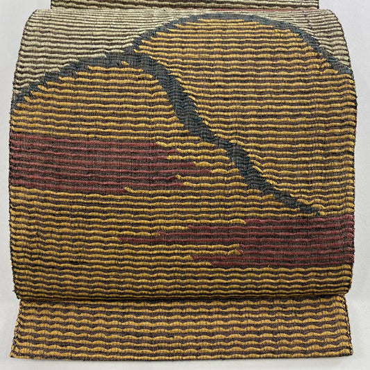 【美品】名古屋帶 秀品級 夏帶 八寸名古屋帶 山並 霞 金絲 山吹茶 純蠶絲