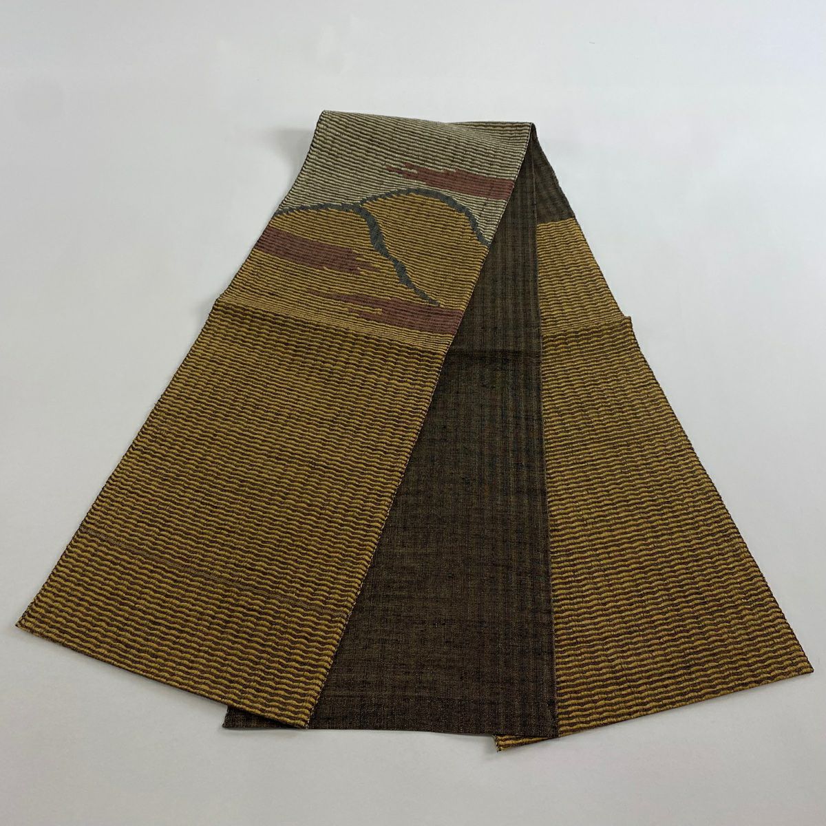 【美品】名古屋帶 秀品級 夏帶 八寸名古屋帶 山並 霞 金絲 山吹茶 純蠶絲