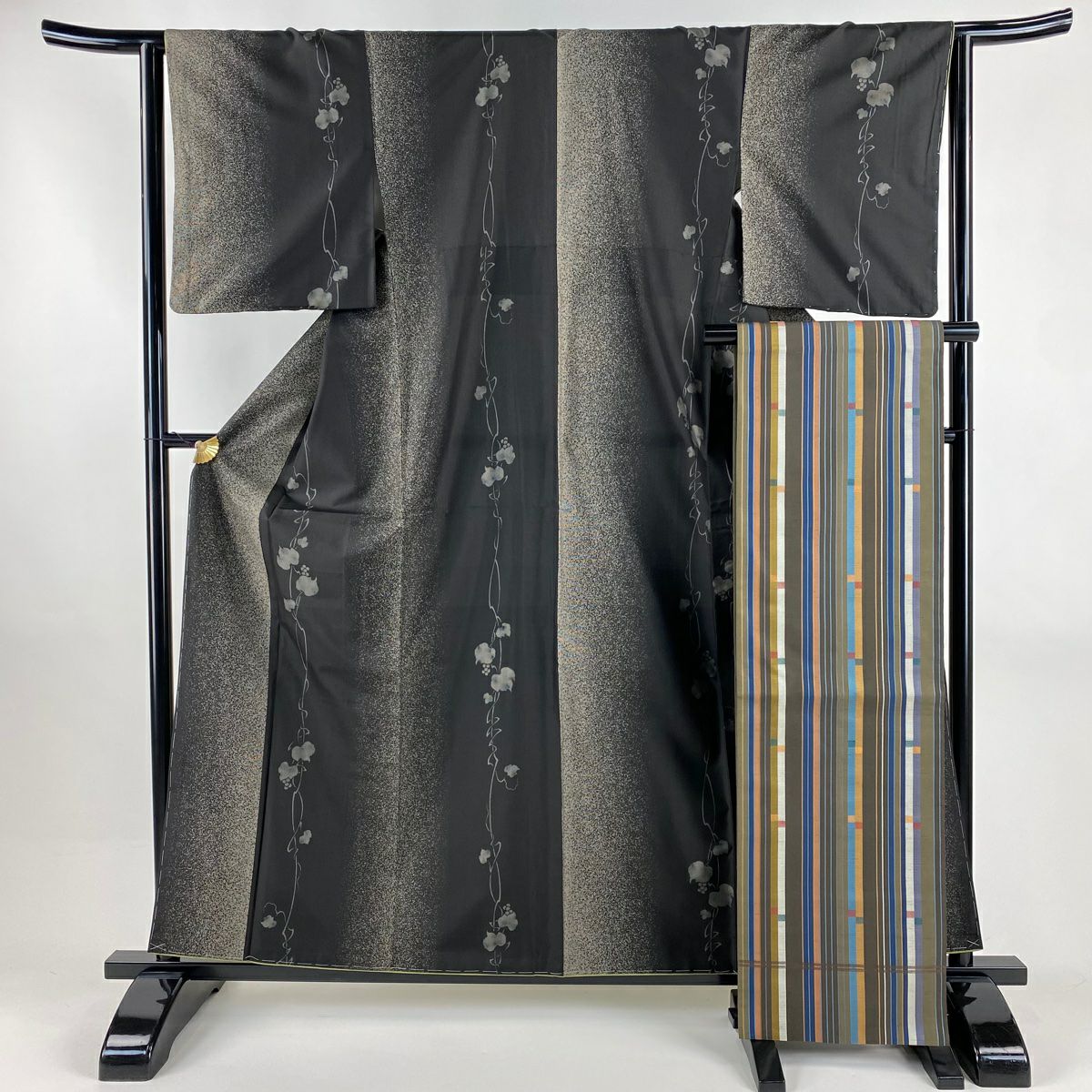 【美品】 紬織 身長159.5cm 袖長63.5cm S 雙層 袋帶套裝 葡萄 幾何圖案 墨色 純蠶絲 名品級