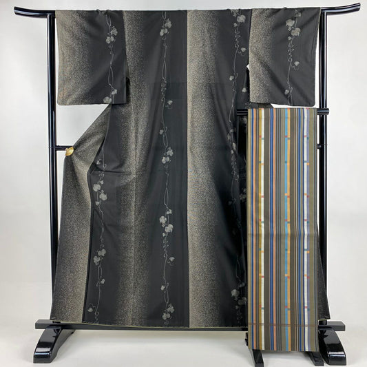 【美品】 紬織 身長159.5cm 袖長63.5cm S 雙層 袋帶套裝 葡萄 幾何圖案 墨色 純蠶絲 名品級