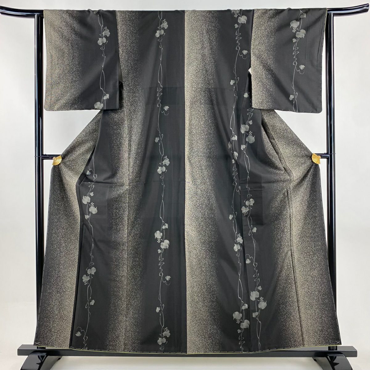 【美品】 紬織 身長159.5cm 袖長63.5cm S 雙層 袋帶套裝 葡萄 幾何圖案 墨色 純蠶絲 名品級