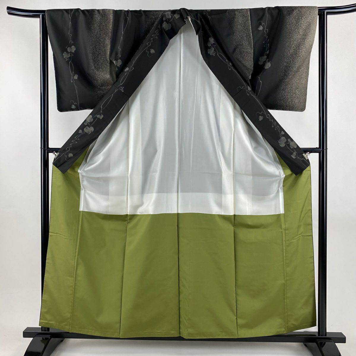 【美品】 紬織 身長159.5cm 袖長63.5cm S 雙層 袋帶套裝 葡萄 幾何圖案 墨色 純蠶絲 名品級